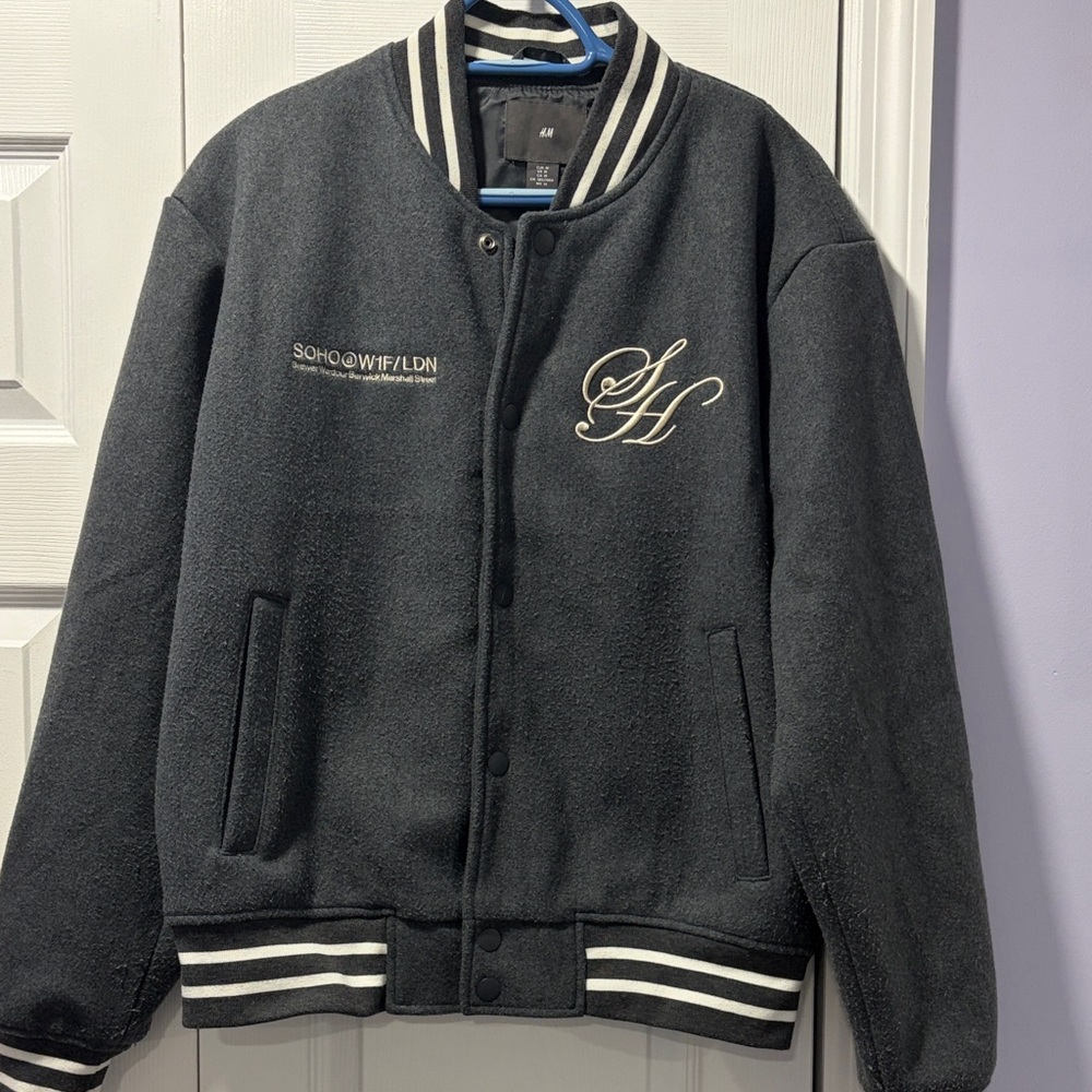 H&M Men’s Black Varsity Jacket with White Accents